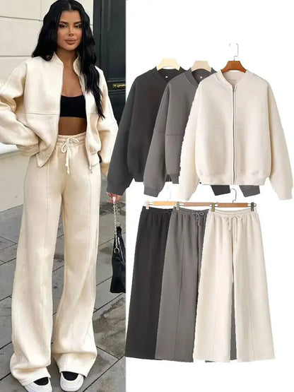 Elevate Your Style with the HH Women's Fall 2-Piece Retro Zip Bomber Jacket and High Waist Wide Leg Pants Set