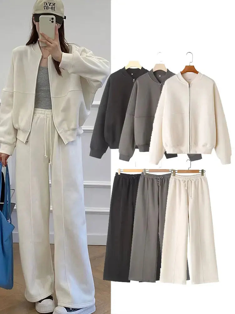 Elevate Your Style with the HH Women's Fall 2-Piece Retro Zip Bomber Jacket and High Waist Wide Leg Pants Set