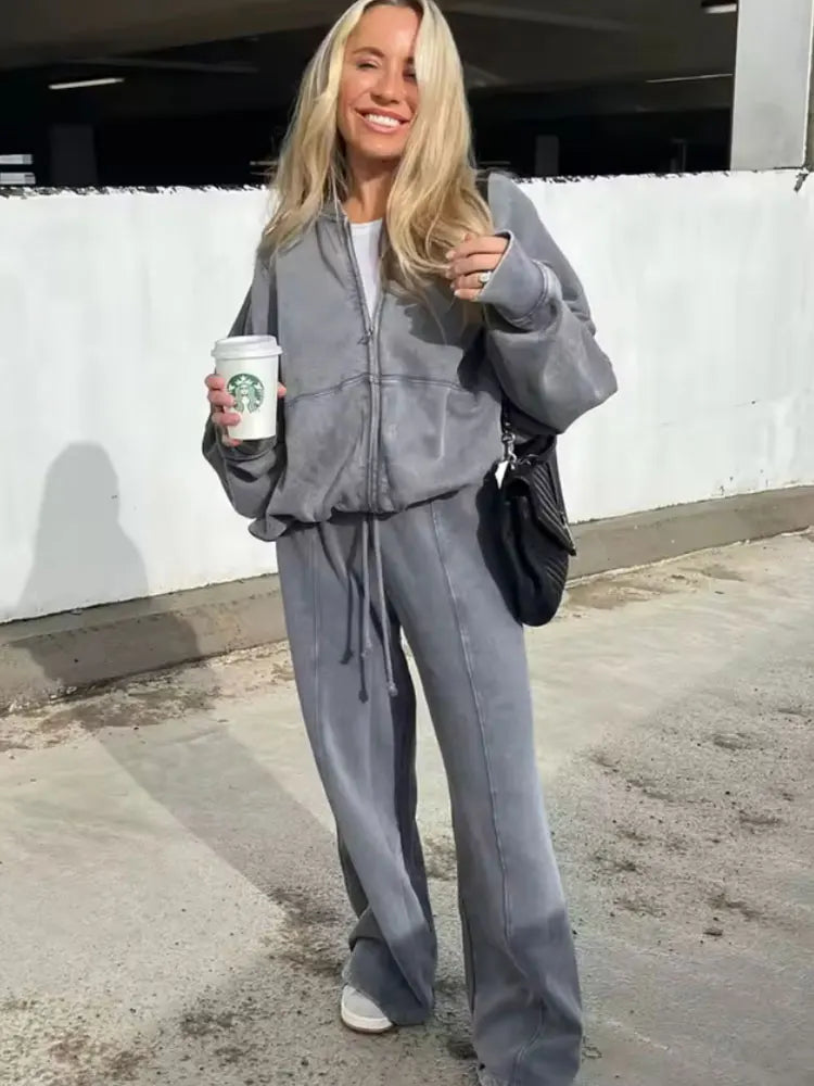 Elevate Your Style with the HH Women's Fall 2-Piece Retro Zip Bomber Jacket and High Waist Wide Leg Pants Set