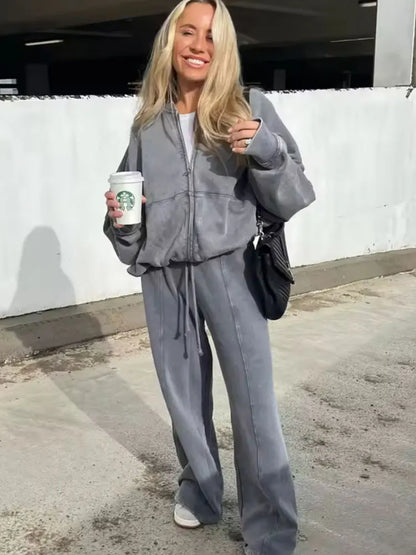 Elevate Your Style with the HH Women's Fall 2-Piece Retro Zip Bomber Jacket and High Waist Wide Leg Pants Set